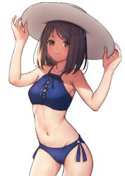 Rule 34 | 1girl, adjusting clothes, adjusting headwear, bikini, blue bikini, brown eyes, brown hair, closed mouth, commentary request, cowboy shot, hat, kawasaki chiteku, lace-up, looking at viewer, medium hair, navel, original, side-tie bikini bottom, simple background, smile, solo, standing, sun hat, swept bangs, swimsuit, white background, white hat