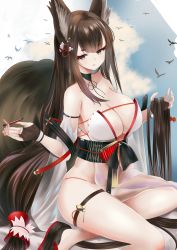 Rule 34 | 1girl, amagi (azur lane), amagi (wending waters serene lotus) (azur lane), animal, animal ears, azur lane, bare shoulders, bikini, bird, black hair, blue sky, breasts, brown gloves, brown hair, bug, center opening, choker, cleavage, cloud, cloudy sky, commentary, day, detached sleeves, dragonfly, eyelashes, eyeliner, fingerless gloves, fox ears, fox girl, gloves, hair ornament, hair ribbon, hands up, highres, insect, kitsune, large breasts, long hair, looking at viewer, low-tied long hair, lying, makeup, manjirou (manji illust), mascara, no bra, on back, parted lips, pelvic curtain, purple eyes, red ribbon, ribbon, sash, see-through, sitting, sky, solo, swimsuit, swimsuit tug, thick eyebrows, thigh strap, thighs, very long hair, white bikini