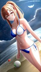 Rule 34 | 1girl, absurdres, aoyama nanami, ball, beach, beachball, bikini, breasts, brown eyes, brown hair, chinese commentary, cleavage, cloud, commentary request, commission, dutch angle, feet out of frame, front-tie bikini top, front-tie top, halterneck, highres, horizon, huanyi huanhuanzi, long hair, medium breasts, night, ocean, outdoors, pixiv commission, ponytail, sakura-sou no pet na kanojo, side-tie bikini bottom, sidelocks, sky, solo, star (sky), starfish, starry sky, string bikini, swimsuit, two-tone bikini