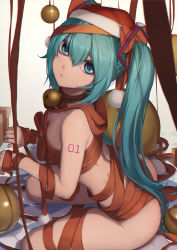 Rule 34 | 1girl, blue eyes, blue hair, bow, breasts, cleavage, closed mouth, frown, fur-trimmed headwear, fur trim, hair between eyes, hair bow, hat, hatsune miku, long hair, looking at viewer, naked ribbon, ola (bunnyfly), red bow, red hat, red ribbon, ribbon, santa hat, sitting, small breasts, solo, twintails, very long hair, vocaloid, white background