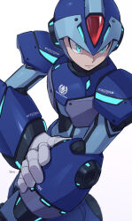 Rule 34 | 1boy, adapted costume, arm cannon, armor, blue eyes, blue headwear, closed mouth, commentary request, forehead jewel, helmet, highres, male focus, mega man (series), mega man x (series), shoulder pads, signature, simple background, solo, vani (hisha 04), weapon, white background, x (mega man)