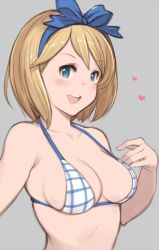 Rule 34 | 10s, 1girl, :d, adapted costume, bikini, blonde hair, blue eyes, blush, bow, breasts, cleavage, collarbone, djeeta (granblue fantasy), granblue fantasy, hair bow, hanarito, heart, kimi to boku no mirai, looking at viewer, medium breasts, open mouth, ribbon, short hair, smile, solo, swimsuit, upper body