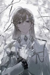Rule 34 | 1boy, aiguillette, ascot, brown hair, closed mouth, commentary, earrings, flower, grey eyes, hair between eyes, hashtag-only commentary, highres, jacket, jewelry, kanae (16th costume) (nijisanji), kanae (nijisanji), lily (flower), long hair, long sleeves, looking at viewer, male focus, mole, mole under eye, multiple rings, nijisanji, official alternate costume, qing yan xia, ring, solo, upper body, virtual youtuber, white ascot, white jacket, white lily