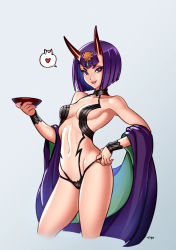 Rule 34 | 1girl, artist name, breasts, collarbone, commentary, cup, fang, fate/grand order, fate (series), hair ornament, hand on own hip, heart, highres, holding, holding cup, horns, japanese clothes, kimono, looking at viewer, medium breasts, navel, oni, open mouth, optionaltypo, panties, panty pull, purple eyes, purple hair, revealing clothes, sakazuki, shiny skin, short hair, shuten douji (fate), simple background, skin-covered horns, smile, solo, spoken heart, standing, underwear