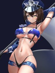 Rule 34 | 1girl, absurdres, arm behind head, arm strap, arm up, armpits, azur lane, baltimore (azur lane), baltimore (finish line flagbearer) (azur lane), bikini, black background, black bikini, black gloves, blue bikini, blue hat, blue jacket, blue shorts, breasts, brown hair, chest harness, choker, cleavage, closed mouth, collarbone, commentary, cowboy shot, cropped jacket, detached sleeves, flag, gloves, hair between eyes, harness, hat, highleg, highleg bikini, highres, holding, holding pole, jacket, large breasts, looking at viewer, maretto, micro shorts, mismatched bikini, navel, official alternate costume, peaked cap, pole, race queen, short hair, shorts, sidelocks, simple background, single bare shoulder, single detached sleeve, single sleeve, skindentation, smile, solo, standing, stomach, swimsuit, underboob, yellow eyes