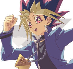 Rule 34 | 1boy, :d, black shirt, blonde hair, blue jacket, bright pupils, dyed bangs, jacket, looking at viewer, male focus, millennium puzzle, multicolored hair, muto yugi, open clothes, open jacket, open mouth, purple eyes, purple hair, shirt, simple background, smile, solo, talgi, two-tone hair, upper body, white background, white pupils, yu-gi-oh!, yu-gi-oh! duel monsters