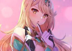 Rule 34 | 1girl, :o, bare shoulders, blonde hair, blush, breasts, chest jewel, cleavage, dress, edamameoka, gloves, headpiece, highres, jewelry, large breasts, long hair, looking at viewer, mythra (xenoblade), open mouth, parted lips, portrait, solo, swept bangs, tiara, upper body, very long hair, xenoblade chronicles (series), xenoblade chronicles 2, yellow eyes