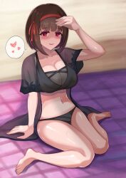 Rule 34 | 1girl, barefoot, beach, beach towel, bikini, black bikini, breasts, brown hair, collarbone, commentary request, eriko (princess connect!), eriko (real) (princess connect!), hair ribbon, hairband, heart, highres, large breasts, looking at viewer, midriff, mononoke (pixiv53597254), navel, princess connect!, red eyes, red hairband, red ribbon, ribbon, see-through, shaded face, short hair, sitting, solo, speech bubble, spoken heart, swimsuit, towel, wariza