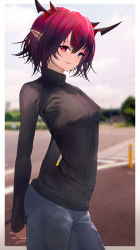 Rule 34 | 1girl, absurdres, alternate breast size, alternate hair length, alternate hairstyle, arms behind back, black sweater, blue eyes, blue pants, blurry, blurry background, breasts, day, getto, gradient hair, heterochromia, highres, hololive, hololive english, horns, irys (hololive), long sleeves, looking at viewer, multicolored hair, outdoors, pants, parted lips, pointy ears, purple eyes, purple hair, short hair, small breasts, smile, solo, sweater, turtleneck, turtleneck sweater, virtual youtuber