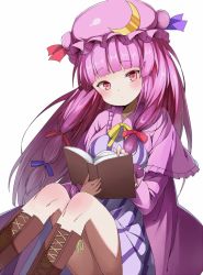 Rule 34 | 1girl, atage, blush, book, boots, capelet, crescent, dress, female focus, gomibox2021, hair ribbon, hat, long hair, multicolored clothes, multicolored dress, open book, patchouli knowledge, pink dress, pink eyes, pink hair, reading, ribbon, sitting, solo, striped clothes, striped dress, touhou, upskirt