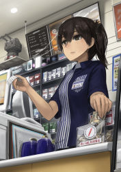 Rule 34 | 10s, 1girl, alternate costume, bag, banknote, box, brown eyes, brown hair, cash register, cigarette pack, coin, convenience store, donation box, employee uniform, from below, indoors, kaga (kancolle), kantai collection, lawson, lif (lif &amp; ref), money, name tag, plastic bag, receipt, rensouhou-chan, shop, side ponytail, uniform