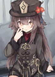 Rule 34 | 1girl, arm support, black hat, black jacket, black nails, black shorts, brown eyes, brown hair, flower, flower-shaped pupils, genshin impact, hair between eyes, hand up, hat, hat flower, highres, hu tao (genshin impact), jacket, long sleeves, looking at viewer, nail polish, parted lips, piennamekuzi, red flower, red shirt, shirt, short shorts, shorts, sitting, smile, solo, symbol-shaped pupils, twintails