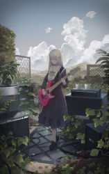 Rule 34 | 1girl, absurdres, bang dream!, bang dream! it&#039;s mygo!!!!!, black choker, black footwear, breasts, buttons, cable, choker, closed mouth, cloud, collarbone, commentary request, dirt, dress, electric guitar, fence, frilled choker, frills, grey hair, grey sky, guitar, hair ornament, highres, hill, instrument, landscape, long hair, long sleeves, looking down, music, orange eyes, outdoors, plaid, plaid dress, plant, playing instrument, potted plant, purple dress, rotarran, scenery, shoes, sky, sleeve cuffs, small breasts, solo, standing, wakaba mutsumi