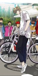 Rule 34 | 5boys, bicycle, black pants, blonde hair, blue eyes, blue jacket, cellphone, collar, gloves, grey pants, highres, jacket, long hair, looking at another, looking down, multiple boys, official art, open clothes, open jacket, open mouth, owen knight, pants, phone, pink jacket, shirt, smile, solo, sweater, webtoon, white gloves, white shirt, wind breaker, yellow sweater