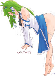 Rule 34 | 1girl, barefoot, between breasts, black necktie, blue skirt, blush, breasts, closed eyes, collared shirt, commentary request, dated, detached sleeves, frilled skirt, frills, frog hair ornament, full body, green hair, hair ornament, highres, implied sex, kei jiei, kochiya sanae, large breasts, leaning forward, long hair, necktie, necktie between breasts, panties, panty pull, shirt, sidelocks, simple background, single hair tube, skirt, sleeveless, sleeveless shirt, snake hair ornament, solo, tiptoes, touhou, underwear, white background, white panties, white shirt, white sleeves