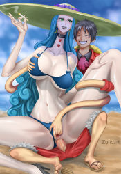 Rule 34 | 1boy, 1girl, grabbing another&#039;s breast, breasts, charlotte amande, cleavage, curvy, grabbing, highres, large breasts, monkey d. luffy, one piece, penis, pussy, smile, smoking, vaginal