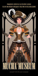 Rule 34 | 00s, 1girl, 2007, arm garter, armor, art nouveau, beret, black border, black gloves, black hair, black thighhighs, border, breasts, brown eyes, brown hat, brown jacket, chkuyomi, dress, elbow gloves, english text, feathers, gem, gloves, green gemstone, hat, hat ornament, jacket, jewelry, medium breasts, necklace, open clothes, open jacket, parted lips, pendant, pink lips, puffy short sleeves, puffy sleeves, red shorts, short hair, short sleeves, shorts, solo, steampunk, striped, text focus, thighhighs, vertical stripes