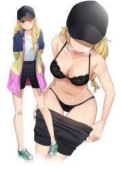 Rule 34 | absurdres, arms behind back, barefoot, baseball cap, black headwear, black panties, black shorts, blonde hair, blue eyes, bra, braid, breasts, cleavage, clothes pull, coat, collarbone, from above, hair over shoulder, hat, highres, keicyanyan, lace, lace bra, lace panties, long hair, looking at viewer, medium breasts, midriff, navel, one eye closed, open clothes, open coat, panties, paripi koumei, projected inset, shirt, shirt tucked in, shoes, shorts, shorts pull, simple background, smile, sneakers, thigh gap, thighs, tsukimi eiko, underwear, undressing, white background, white shirt