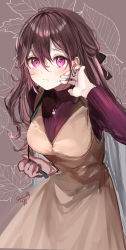 Rule 34 | 1girl, blush, breasts, brown background, brown dress, brown hair, closed mouth, commentary request, dress, hair between eyes, hand up, highres, leaf, leaf background, long hair, long sleeves, looking at viewer, medium breasts, original, puracotte, purple eyes, purple sweater, ribbed sweater, signature, sleeveless, sleeveless dress, solo, sweat, sweater, turtleneck, turtleneck sweater, very long hair