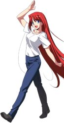 Rule 34 | 1girl, aozaki aoko, blue eyes, denim, female focus, jeans, long hair, lowres, pants, red hair, shirt, simple background, solo, walking, white shirt
