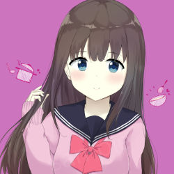 Rule 34 | 1girl, 7 calpis 7, black hair, black sailor collar, blue eyes, blush, bow, breasts, closed mouth, commentary request, hand in own hair, hand up, long hair, long sleeves, looking at viewer, original, pink sweater, purple background, red bow, sailor collar, school uniform, serafuku, simple background, sleeves past wrists, small breasts, smile, solo, sweater, upper body
