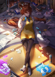 Rule 34 | 1girl, absurdres, agnes tachyon (umamusume), animal ears, black neckwear, black pantyhose, broken glass, brown hair, commentary request, crossed legs, glass, hair between eyes, hair ornament, highres, horse ears, horse girl, horse tail, indoors, lab coat, looking at viewer, necktie, pantyhose, parted lips, red eyes, sitting, sweater, tail, thighhighs, umamusume, white footwear, yanyo (ogino atsuki), yellow sweater
