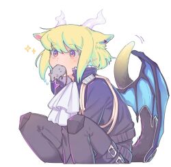 Rule 34 | 1boy, animal ears, animal in mouth, ascot, black jacket, black pants, blonde hair, cat boy, cat ears, cat tail, dragon boy, dragon horns, dragon wings, earrings, ears down, facing up, fang, flying sweatdrops, horns, jacket, jewelry, kemonomimi mode, knee pads, knees up, kome 1022, lio fotia, looking up, male focus, mouse (animal), pants, promare, purple eyes, short hair, simple background, single earring, sitting, solo, sparkle, tail, trap, triangle earrings, white ascot, white background, white horns, wings