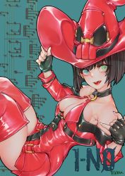 Rule 34 | 1girl, bad id, bad pixiv id, black hair, blue eyes, breasts, character name, fingerless gloves, gloves, green eyes, guilty gear, guilty gear xrd, hat, heterochromia, i-no, licking lips, lipstick, looking at viewer, makeup, medium breasts, mole, mole above mouth, o-ring, pikkumyy, red thighhighs, short hair, signature, solo, thighhighs, tongue, tongue out, witch hat