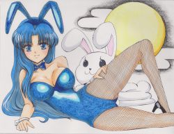 Rule 34 | 1girl, animal ears, arm support, asakura ryouko, bad id, bad pixiv id, bare shoulders, blue eyes, blue hair, blush, bow, bowtie, breasts, collarbone, detached collar, fake animal ears, female focus, fishnet pantyhose, fishnets, full moon, high heels, highres, large breasts, leotard, long hair, looking at viewer, lying, marker (medium), matching hair/eyes, moon, on side, pantyhose, playboy bunny, rabbit, rabbit ears, rabbit tail, rascal (n119), shoes, simple background, smile, solo, suzumiya haruhi no yuuutsu, tail, traditional media, wrist cuffs