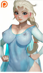 Rule 34 | 10s, 1girl, blonde hair, blue dress, blue eyes, blush, braid, breasts, cape, cleavage, closed mouth, covered navel, disney, dress, earrings, elsa (frozen), frozen (disney), hands on own hips, highres, jewelry, large breasts, long hair, looking at viewer, nipples, no bra, no panties, out-of-frame censoring, patreon, ponytail, randy (awesomevillage), see-through, simple background, solo, standing, stud earrings, white background