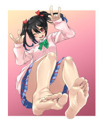 Rule 34 | 1girl, ;), artist name, artist request, bare legs, barefoot, black hair, black legwear, blue skirt, blush, bow, bowtie, breasts, cardigan, checkered clothes, checkered skirt, collared shirt, double m/, feet, female focus, full body, green bow, green bowtie, hair between eyes, hair bow, highres, jacket, long hair, long sleeves, looking at viewer, love live!, love live! school idol project, miniskirt, nico nico nii, one eye closed, otonokizaka school uniform, parted lips, pink cardigan, pink jacket, pink shirt, plaid, plaid skirt, pleated, pleated skirt, red bow, red eyes, school uniform, shirt, short hair, short twintails, skirt, small breasts, smile, solo, striped bow, striped bowtie, striped clothes, teeth, twintails, v-shaped eyebrows, yazawa nico