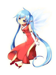Rule 34 | 1girl, bad id, bad pixiv id, blue eyes, blue hair, breasts, china dress, chinese clothes, dress, elbow gloves, female focus, full body, gloves, gradient background, high heels, koflif, long hair, looking at viewer, matching hair/eyes, nymph (sora no otoshimono), shoes, solo, sora no otoshimono, twintails, very long hair, white background, wings