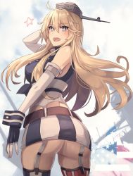 Rule 34 | 1girl, american flag legwear, arm up, ass, blonde hair, breasts, elbow gloves, from behind, front-tie top, garter straps, gloves, headgear, highres, iowa (kancolle), kantai collection, kasumi (skchkko), large breasts, long hair, looking at viewer, looking back, miniskirt, open mouth, shirt, skirt, solo, star-shaped pupils, star (symbol), striped clothes, striped skirt, symbol-shaped pupils, thighhighs, tied shirt, vertical-striped clothes, vertical-striped skirt