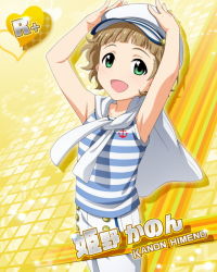 Rule 34 | 10s, 1boy, blush, brown hair, card (medium), character name, green eyes, hat, himeno kanon, idolmaster, idolmaster side-m, male focus, official art, open mouth, sailor hat, shirt, short hair, smile, solo, striped clothes, striped shirt, tank top