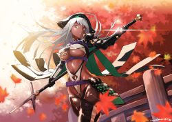 Rule 34 | 1girl, armor, artist name, autumn, autumn leaves, breasts, clothing cutout, commentary request, dark-skinned female, dark skin, fence, gloves, hamushima, hat, holding, holding weapon, leaf, leotard, leotard under clothes, long hair, long sleeves, looking at viewer, lowleg, lowleg pants, medium breasts, navel, navel cutout, original, outdoors, pants, pauldrons, polearm, shiny skin, shoulder armor, silver hair, solo, standing, tree, underboob, weapon, yellow eyes