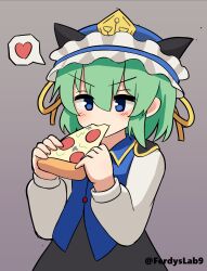 Rule 34 | 1girl, absurdres, blue eyes, blue hat, blue vest, commentary, commission, eating, english commentary, ferdy&#039;s lab, food, frilled hat, frills, green hair, grey background, hat, heart, highres, holding, holding food, holding pizza, long sleeves, pizza, pizza slice, shiki eiki, short hair, simple background, solo, spoken heart, touhou, twitter username, v-shaped eyebrows, vest