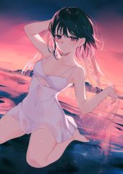 Rule 34 | 1girl, achiki, arm up, backlighting, bad link, bare arms, bare shoulders, beach, black hair, blush, breasts, closed mouth, collarbone, dress, dutch angle, gradient sky, highres, kneeling, multicolored hair, on ground, original, outdoors, pink hair, purple eyes, see-through, short hair, sky, sleeveless, sleeveless dress, small breasts, smile, solo, two-tone hair, veil, wet, wet clothes, wet dress, white dress