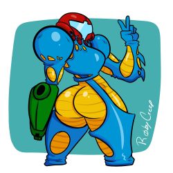 Rule 34 | 1girl, arm cannon, armor, ass, blue background, border, cowboy shot, from behind, fusion suit, highres, looking at viewer, looking back, metroid, metroid fusion, nintendo, pauldrons, power armor, samus aran, shoulder armor, solo, v, visor, weapon, white border