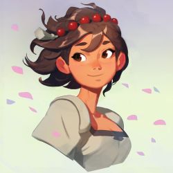 Rule 34 | 1girl, absurdres, ajna (indivisible), beads, brown eyes, brown hair, closed mouth, commentary, cropped torso, dark skin, dark-skinned female, english commentary, hair ornament, highres, indivisible, jewelry, looking at viewer, petals, portrait, samuelyounart, shirt, short hair, smile, solo, white shirt, wind
