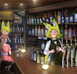 Rule 34 | 1boy, 2girls, absurdres, alcohol, animal ears, blonde hair, blush, bottle, bow, bowtie, brown hair, commentary request, doitsuken, fox ears, fox girl, fox tail, glasses, hair ribbon, highres, lamp, looking at another, looking to the side, multiple girls, original, ponytail, bar (place), ribbon, sitting, standing, sweatdrop, tail, thick eyebrows, white ribbon, wine bottle, yellow eyes