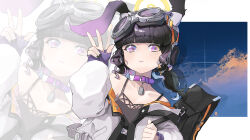 Rule 34 | 1girl, animal ears, bag, bare shoulders, black hair, black nails, blue archive, blunt bangs, choker, collar, collarbone, dog ears, dog girl, eyewear on head, goggles, goggles on head, halo, hibiki (blue archive), highres, jacket, long hair, long sleeves, looking at viewer, nail polish, nitline, purple eyes, shoulder bag, sleeves past wrists, solo, twintails, upper body, v, w, yellow halo