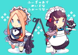 Rule 34 | 2girls, abigail williams (fate), abigail williams (festival outfit) (fate), apron, blue eyes, bow, broom, brown hair, comic, commentary request, cup, dress, fate/grand order, fate (series), gloves, hair ornament, heroic spirit festival outfit, holding, holding plate, katsushika hokusai (fate), katsushika hokusai (festival outfit) (fate), keyhole, long sleeves, maid, maid apron, maid headdress, multiple girls, octopus, official alternate costume, orange hair, pekeko (pepekekeko), plate, purple eyes, sidelocks, sleeves past wrists, smile, stuffed animal, stuffed toy, teacup, teddy bear, tentacles, translation request
