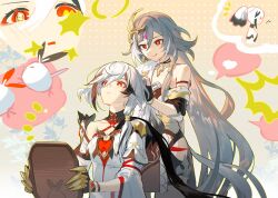 Rule 34 | 2girls, bare shoulders, black hair, breasts, bright pupils, commentary request, forehead jewel, fu hua, fu hua (garuda), fu hua (herrscher of sentience), grey hair, hair between eyes, hair ornament, highres, holding, holding mirror, honkai (series), honkai impact 3rd, licking lips, long hair, mirror, multicolored hair, multiple girls, rafaelaaa, red eyes, shirt, small breasts, tongue, tongue out, two-tone hair, tying another&#039;s hair, very long hair, white pupils, white shirt