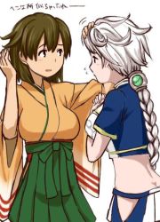 Rule 34 | 10s, 2girls, asymmetrical hair, braid, breasts, brown eyes, brown hair, butt crack, crop top, green skirt, hair between eyes, hand on another&#039;s head, hiryuu (kancolle), iwana, japanese clothes, kantai collection, looking at another, midriff, miniskirt, multiple girls, pleated skirt, short sleeves, silver hair, single braid, skirt, translation request, unryuu (kancolle)