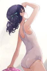 Rule 34 | 1girl, ass, bare arms, bare shoulders, black hair, commentary request, curly hair, dutch angle, flat chest, from behind, fukumaru koito, green ribbon, hair ribbon, highres, hiroki (yyqw7151), idolmaster, idolmaster shiny colors, innertube, looking away, medium hair, one-piece swimsuit, purple eyes, ribbon, solo, swim ring, swimsuit, twintails, white background, white one-piece swimsuit