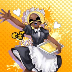 Rule 34 | 1girl, absurdres, apron, artist name, black dress, blonde hair, closed eyes, colored eyelashes, commentary, commentary request, dark-skinned female, dark skin, dress, english commentary, frye (splatoon), heart, heart background, highres, inkling, inkling (language), maid, maid apron, maid headdress, medium hair, mixed-language commentary, nintendo, norishiitsu, open mouth, smile, solo, splatoon (series), splatoon 3, standing, teeth, twitter username, yellow background