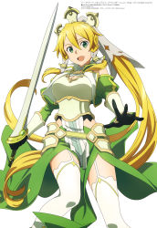Rule 34 | 1girl, absurdres, aqua inc., blonde hair, braid, green eyes, highres, holding, holding sword, holding weapon, leafa, leafa (terraria), long hair, looking at viewer, official art, pointy ears, ponytail, solo, sword, sword art online, sword art online: alicization, sword art online: alicization - war of underworld, thighhighs, thighs, twin braids, very long hair, weapon, white thighhighs