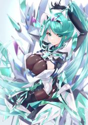 Rule 34 | 1girl, absurdres, breasts, chest jewel, earrings, gloves, greek text, green eyes, green hair, high heels, highres, jewelry, large breasts, long hair, pneuma (xenoblade), ponytail, risumi (taka-fallcherryblossom), solo, swept bangs, tiara, very long hair, xenoblade chronicles (series), xenoblade chronicles 2