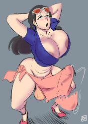 Rule 34 | 1futa, :o, arms up, blue eyes, blush, bouncing penis, breasts, bulge, erection, erection under clothes, futanari, grey background, highres, huge breasts, huge penis, jiggle, long hair, looking at viewer, nico robin, one piece, open mouth, penis, rolling eyes, simple background, solo, sunglasses, sunglasses on head, testicles, zestysauce, zipper