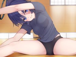 Rule 34 | 1girl, arm up, bananafish1111, bare legs, black buruma, blue archive, blue shirt, blurry, blurry background, blush, breasts, buruma, closed mouth, feet out of frame, gym uniform, halo, highres, indoors, large breasts, leaning to the side, midriff peek, on floor, purple hair, shirt, short hair, short sleeves, sitting, solo, spread legs, stretching, sunlight, t-shirt, thighs, window, wooden floor, yuuka (blue archive), yuuka (track) (blue archive)